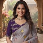 Women's Grey Silver Georgette Saree with Purple Embroidered Blouse | Floral Sequin Work Party Wear Saree with Stone Border - Image 4