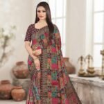 Women's Multicolor Digital Print Patchwork Saree with Maroon Blouse | Kalamkari Style Printed Saree with Contrast Border - Image 2