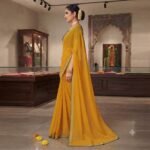 Women's Mustard Yellow Plain Silk Saree with Green Contrast Blouse | Golden Zari Border Traditional Saree - Image 6