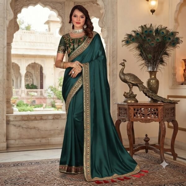 Women's Teal Green Silk Saree with Multicolor Embroidered Border, Tassel Detailing & Embroidered Blouse Piece – Party Wear, Wedding, Festive Saree