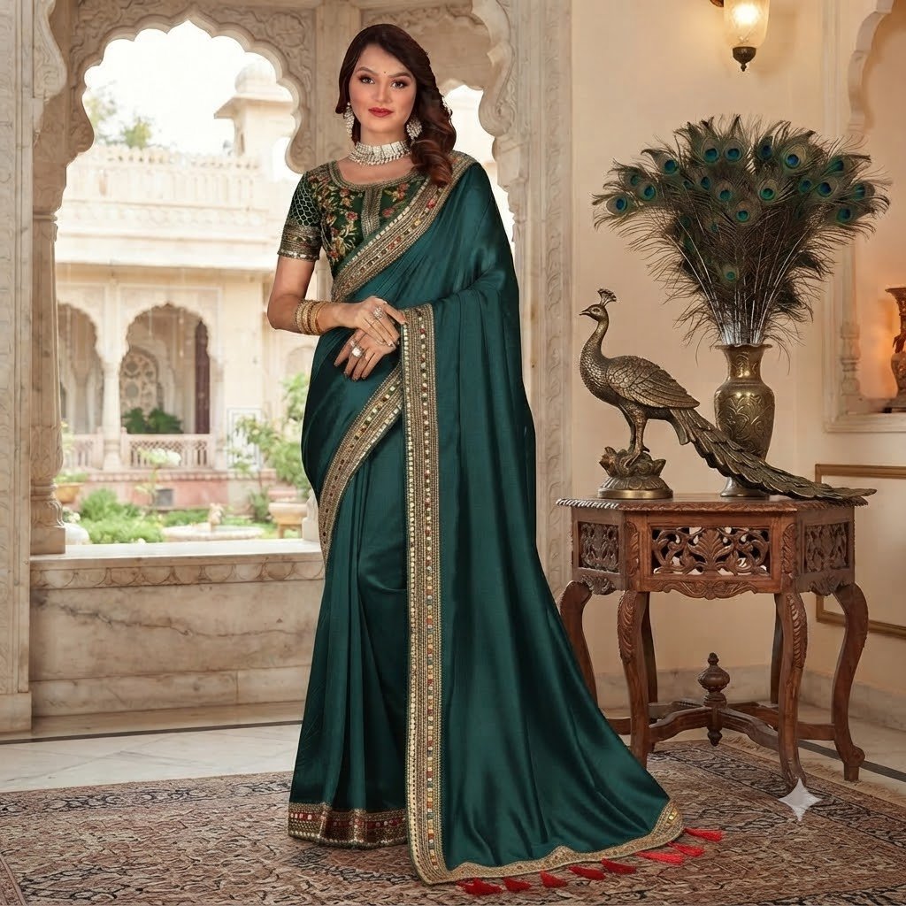 ec6d20fd-647e-42cf-932c-e17e00f92a0b Women's Teal Green Silk Saree with Multicolor Embroidered Border, Tassel Detailing & Embroidered Blouse Piece – Party Wear, Wedding, Festive Saree - Image 1