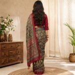 Women's Green Ajrakh Print Silk Blend Saree with Red Border, Elephant Motif Traditional Printed Saree with Unstitched Blouse Piece - Image 2
