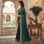 Women's Teal Green Silk Saree with Multicolor Embroidered Border, Tassel Detailing & Embroidered Blouse Piece – Party Wear, Wedding, Festive Saree - Image 4