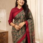 Women's Green Ajrakh Print Silk Blend Saree with Red Border, Elephant Motif Traditional Printed Saree with Unstitched Blouse Piece - Image 3