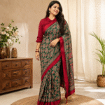 Women's Green Ajrakh Print Silk Blend Saree with Red Border, Elephant Motif Traditional Printed Saree with Unstitched Blouse Piece