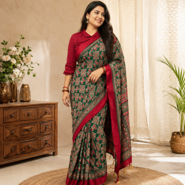 Women's Green Ajrakh Print Silk Blend Saree with Red Border, Elephant Motif Traditional Printed Saree with Unstitched Blouse Piece