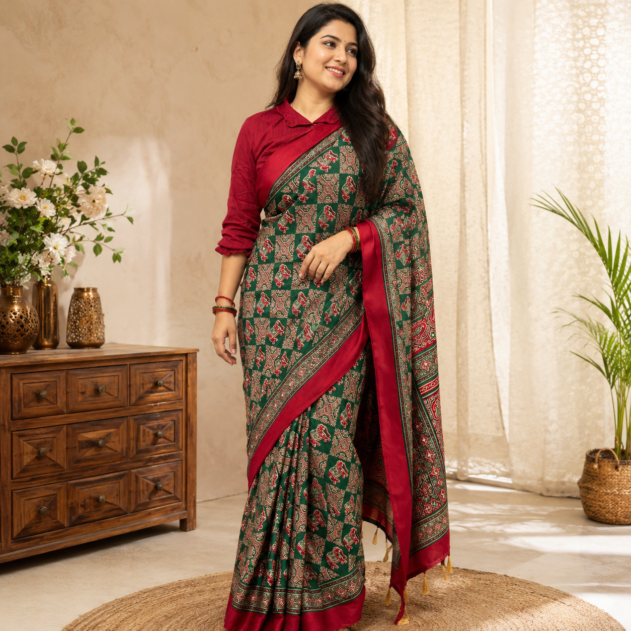 file_0000000033e48211bfaf6339e7ee8454 Women's Green Ajrakh Print Silk Blend Saree with Red Border, Elephant Motif Traditional Printed Saree with Unstitched Blouse Piece - Image 1