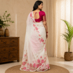 Women's Off-White Organza Saree with Hand-Painted Pink Floral Border, Scalloped Edge Designer Saree with Unstitched Blouse Piece - Image 5