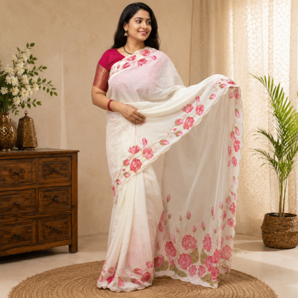 Women's Off-White Organza Saree with Hand-Painted Pink Floral Border, Scalloped Edge Designer Saree with Unstitched Blouse Piece