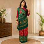 Women's Green & Red Bandhani Print Gaji Silk Saree with Elephant Motif Pallu, Traditional Rajasthani Bandhej Saree with Unstitched Blouse Piece