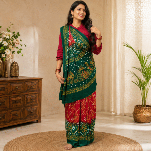 Women's Green & Red Bandhani Print Gaji Silk Saree with Elephant Motif Pallu, Traditional Rajasthani Bandhej Saree with Unstitched Blouse Piece