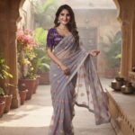 Women's Grey Silver Georgette Saree with Purple Embroidered Blouse | Floral Sequin Work Party Wear Saree with Stone Border