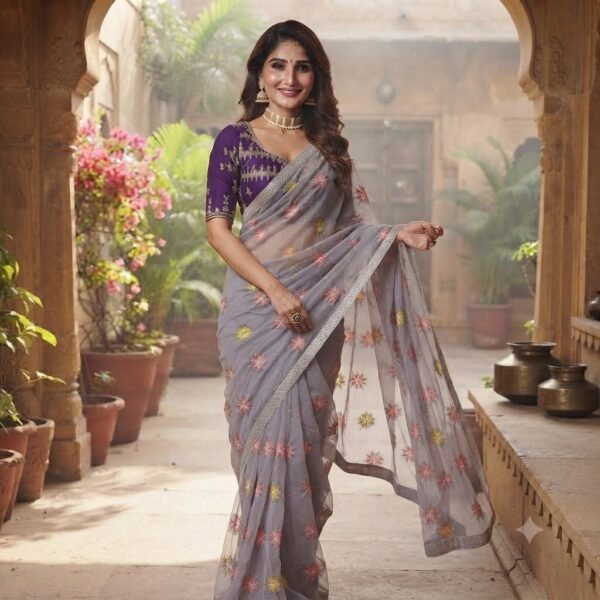 Women's Grey Silver Georgette Saree with Purple Embroidered Blouse | Floral Sequin Work Party Wear Saree with Stone Border
